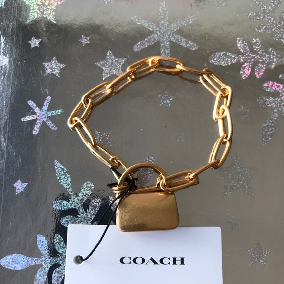 COACH MINI TABBY HANDBAG CHARM Matte Gold Tone Brass  Chain Bracelet  NWT - Picture 2 of 9
